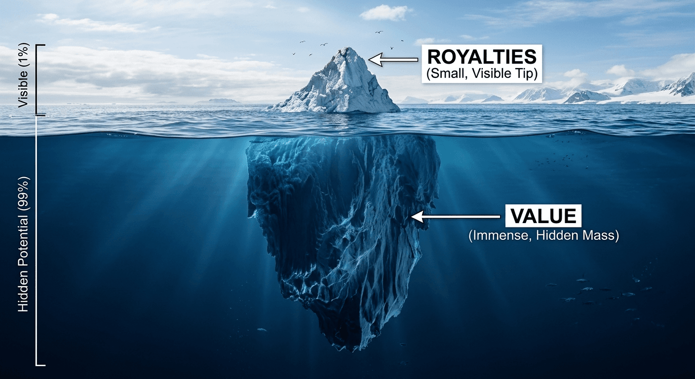 Iceberg analogy — royalties are the visible tip, but the immense hidden mass represents the true value of patent ownership